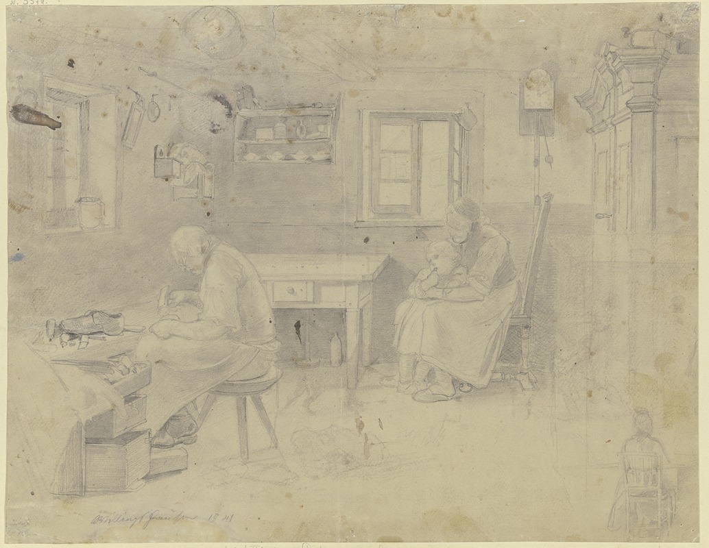Jakob Fürchtegott Dielmann - Bauernstube, links sitzt der Schuster an der Arbeit, rechts am Fenster die Frau mit dem Kind