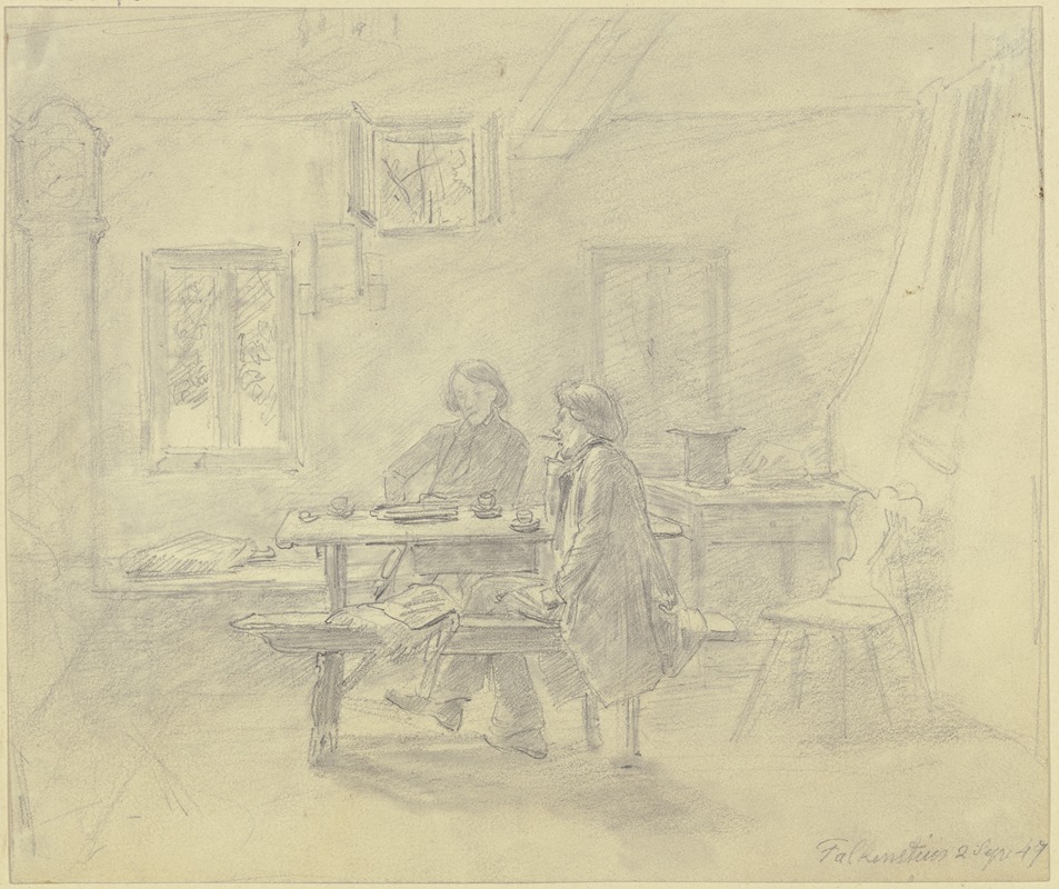 Jakob Fürchtegott Dielmann - Bauernstube, zwei Maler beim Kaffee, der eine raucht eine Pfeife, der andere eine Zigarre