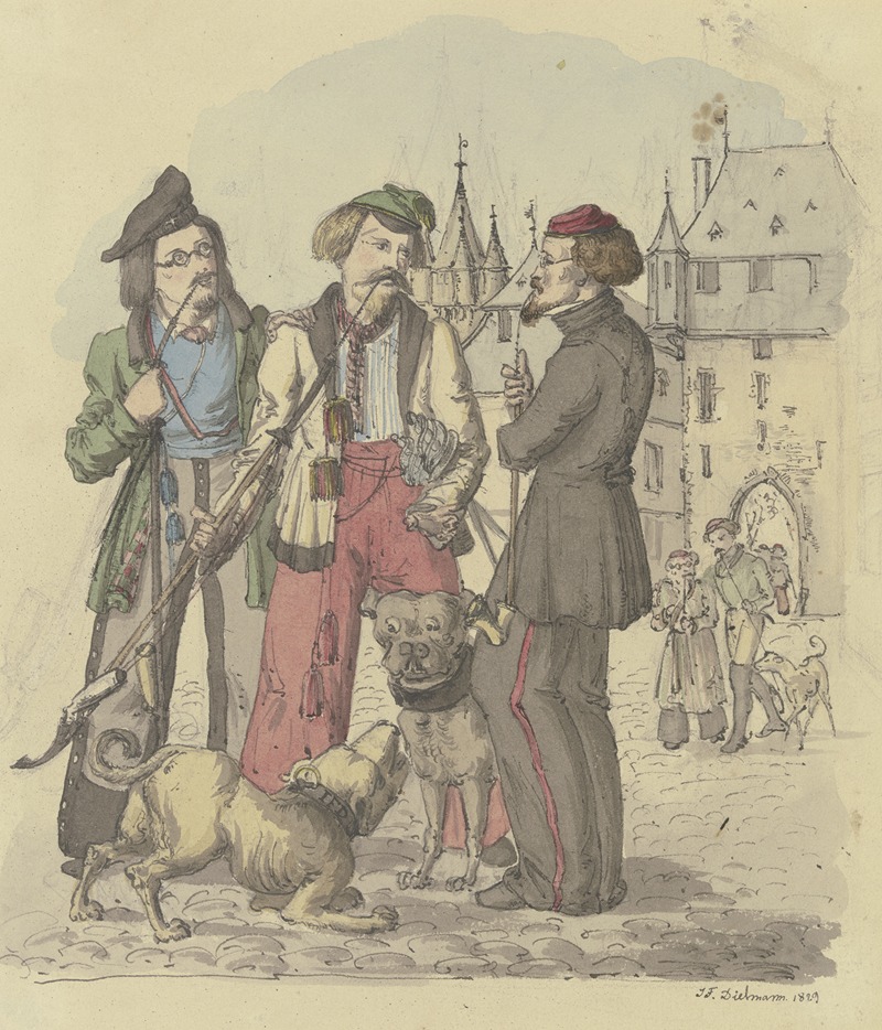 Jakob Fürchtegott Dielmann - Drei rauchende Studenten mit zwei Hunden