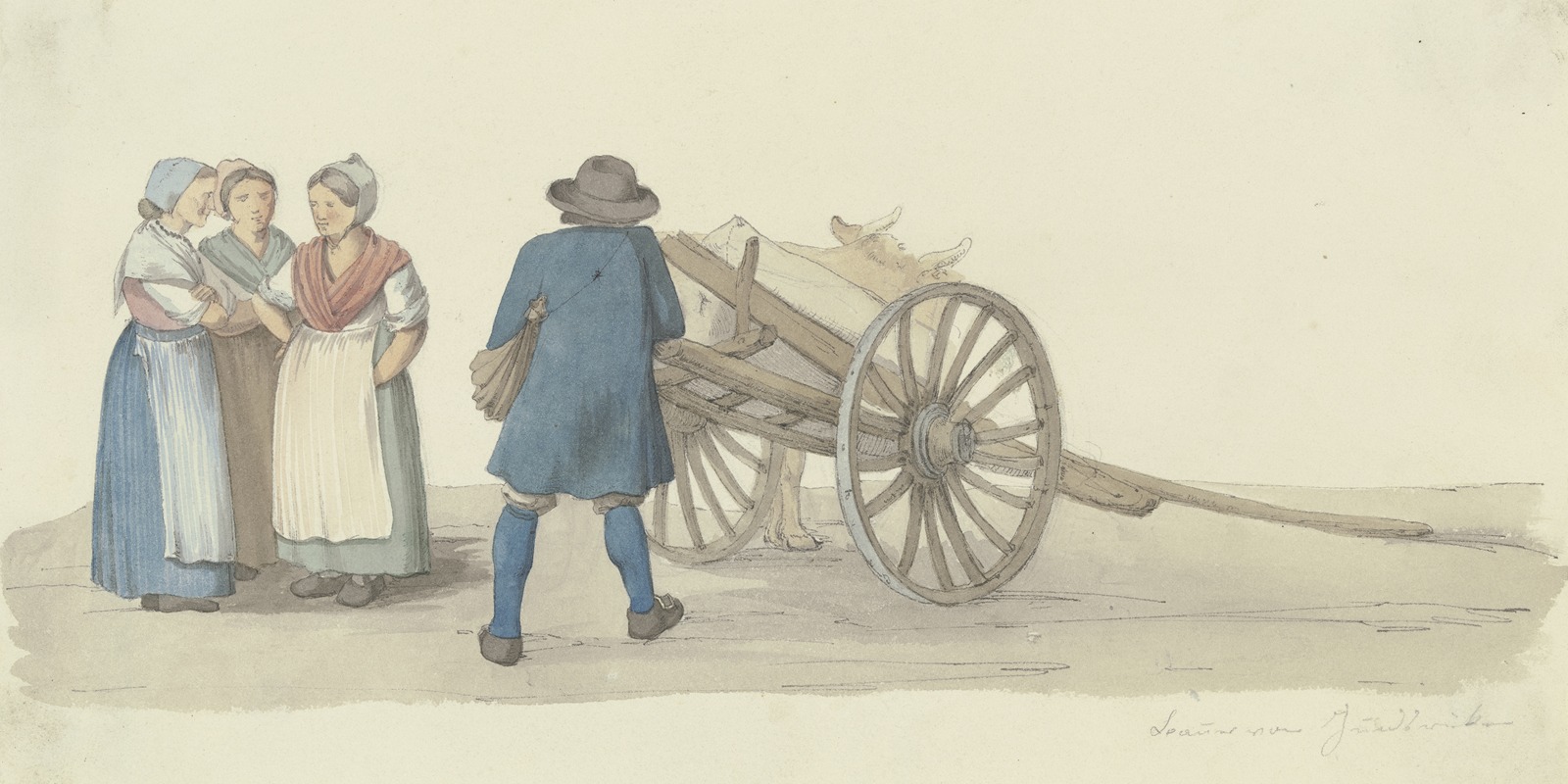 Jakob Fürchtegott Dielmann - Ein Bauer und drei Frauen vom Hunsrück bei einer Karre, dahinter ein Rind