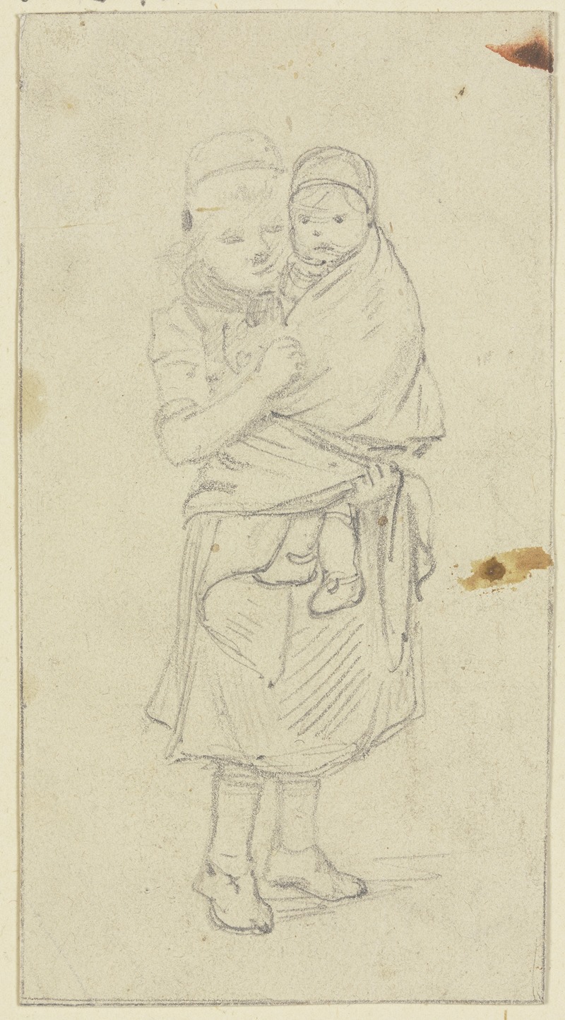 Jakob Fürchtegott Dielmann - Ein kleines Mädchen trägt ein in ein Tuch gehülltes Kind