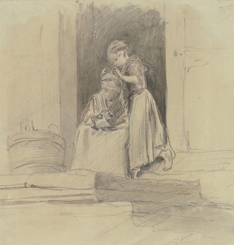 Jakob Fürchtegott Dielmann - Ein Mädchen sucht im Haar einer im Hauseingang sitzenden alten Frau nach Läusen