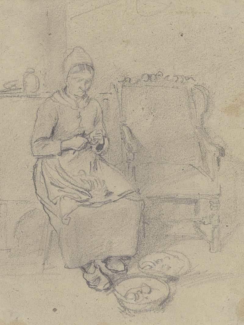 Jakob Fürchtegott Dielmann - Eine alte Bäuerin sitzt neben einem Sessel und schält Kartoffeln