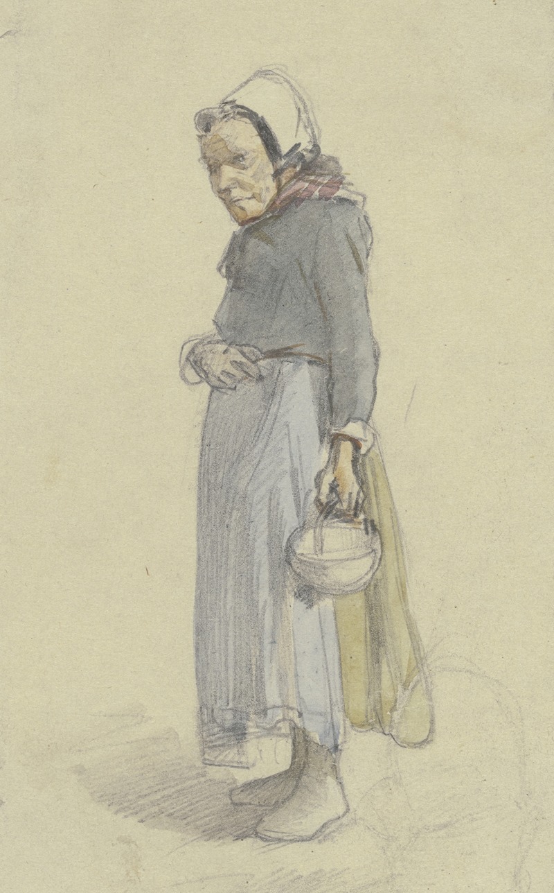 Jakob Fürchtegott Dielmann - Eine alte Frau nach links gewandt, in der herabhängenden Linken ein Körbchen tragend