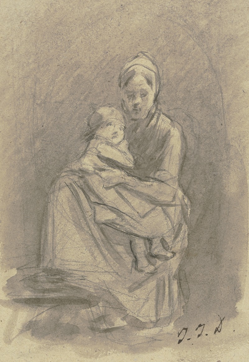 Jakob Fürchtegott Dielmann - Eine Frau hält ein Kind auf dem Schoß, der Kopf nach vorne, der Körper nach links gewendet