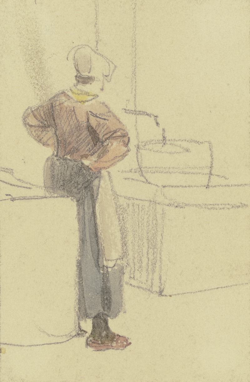 Jakob Fürchtegott Dielmann - Eine Frau in Rückenansicht und in die Hüfte gestemmten Hände wartet an einem Brunnen, bis ihr Zuber vollgelaufen ist