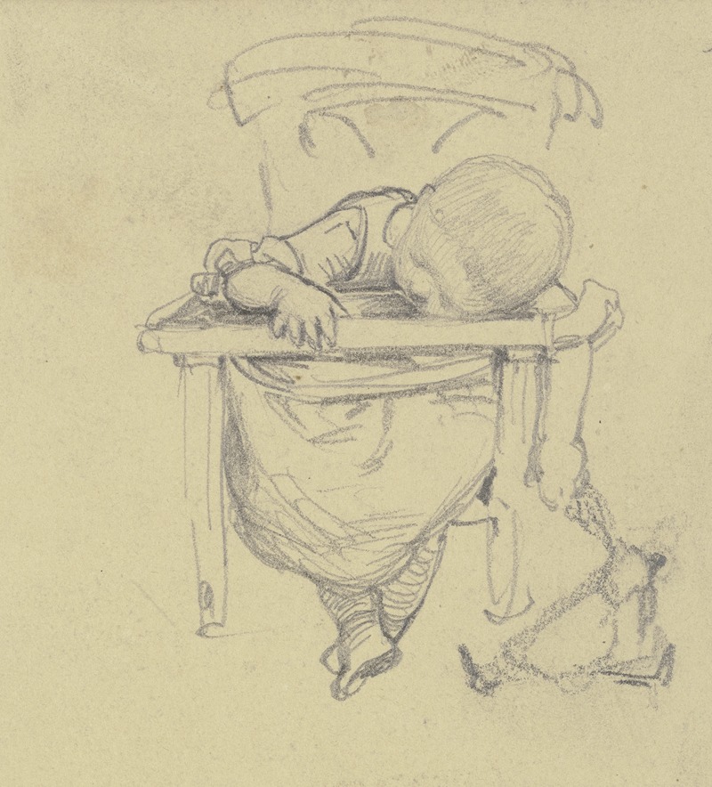 Jakob Fürchtegott Dielmann - Kleines Kind im Stühlchen eingeschlafen, die Puppe bei der Hand haltend
