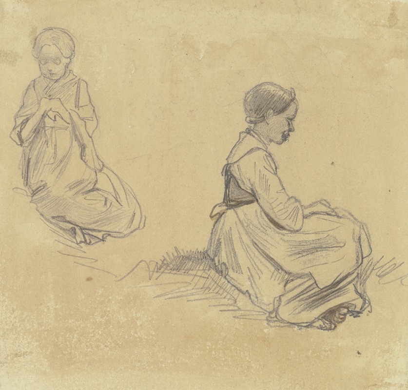 Jakob Fürchtegott Dielmann - Studienblatt; Sitzendes strickendes Mädchen, rechts ein anderes, die Hände in den Schoß gelegt, im Profil nach rechts