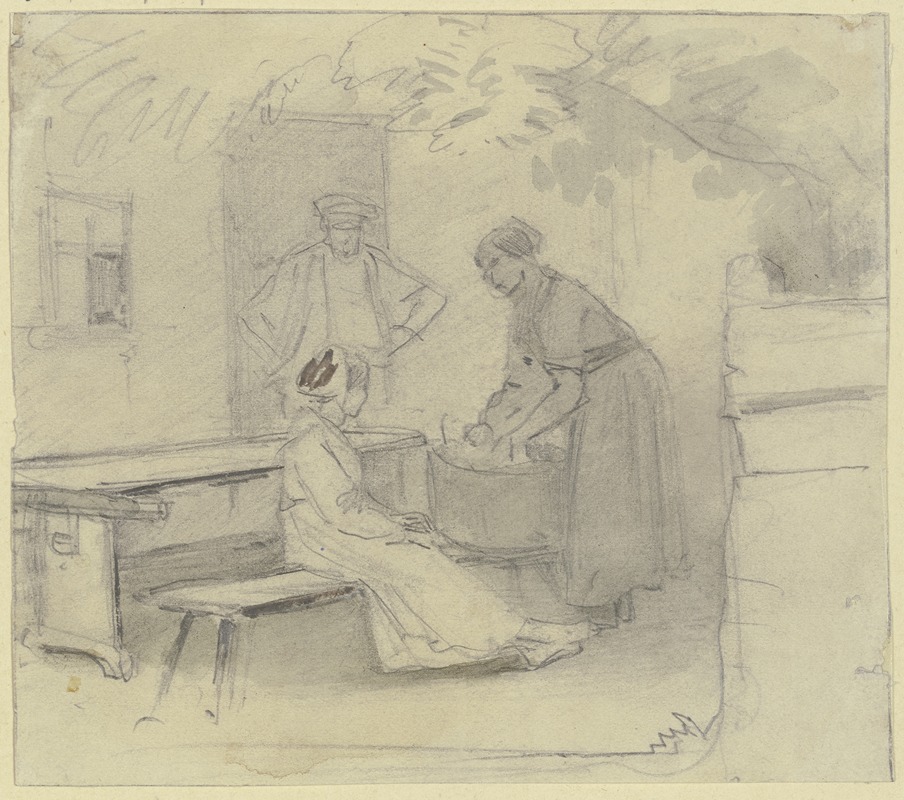 Jakob Fürchtegott Dielmann - Vor einer Haustür stehen ein Tisch und eine Bank, eine Frau wäscht in einem Zuber, ein Mädchen sitzt dabei, unter der Tür ein Mann