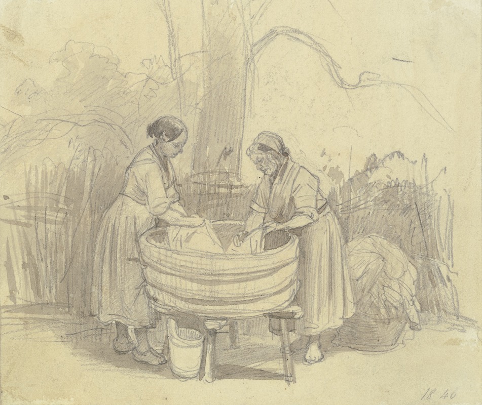 Jakob Fürchtegott Dielmann - Zwei Wäscherinnen unter einem Baum an der Waschbütte, beide im Profil