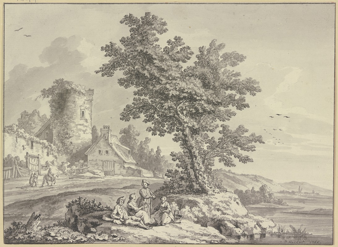 Jakob Philipp Hackert - Flusslandschaft, links ein Bauernhaus an dem Turm einer Stadtmauer, in der Bildmitte rasten vier Personen an einem Baum