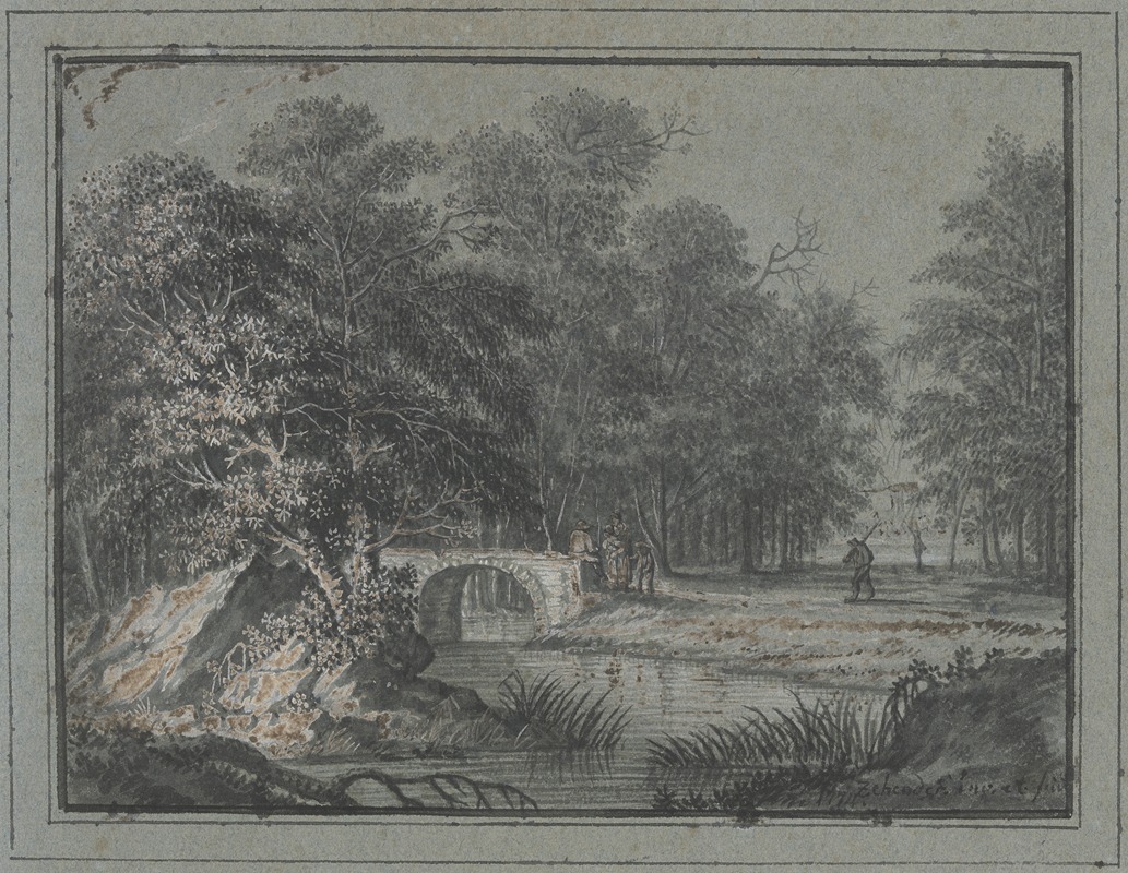 Johann Caspar Zehender - Wald mit Wasser und einer Brücke, dabei mehrere Figuren