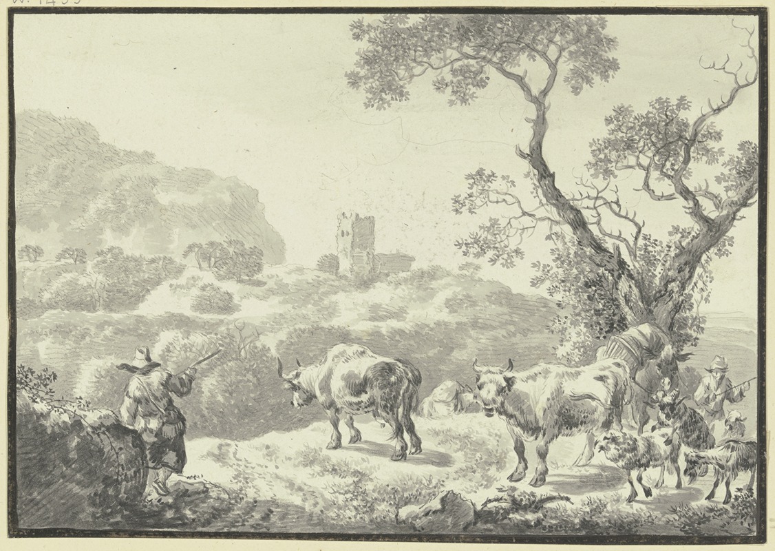 Johann Christian Klengel - Landschaft mit einer Burgruine, zwei Hirten führen ihre Viehherde von rechts herbei