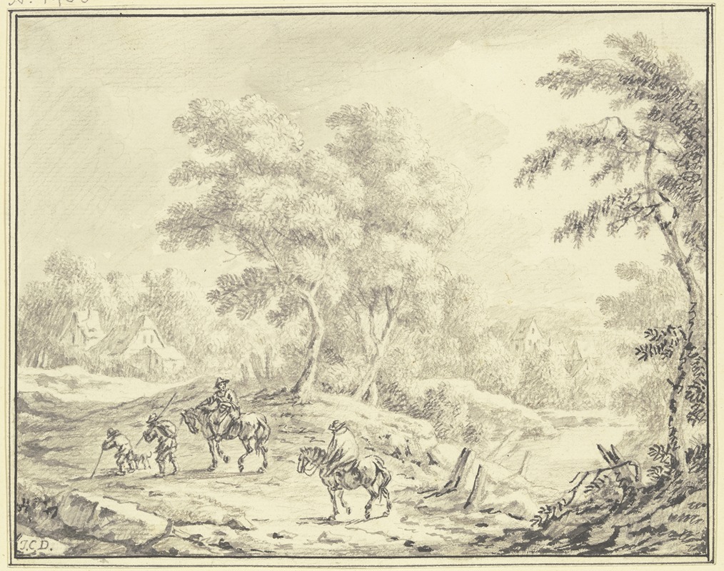 Johann Christoph Dietzsch - Bewaldete hügelige Landschaft, in der Mitte eine Baumgruppe, hinter der Häuser liegen, im Vordergrund ein Mann und eine Frau zu Pferde mit zwei Begleitern zu Fuß