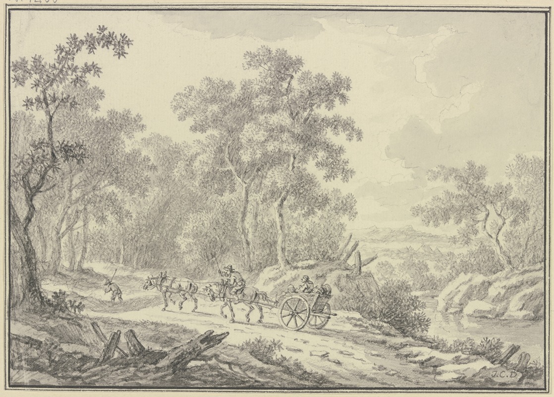 Johann Christoph Dietzsch - Auf einem Waldweg fährt ein zweirädiger Karren mit zwei hintereinander gespannten Pferden