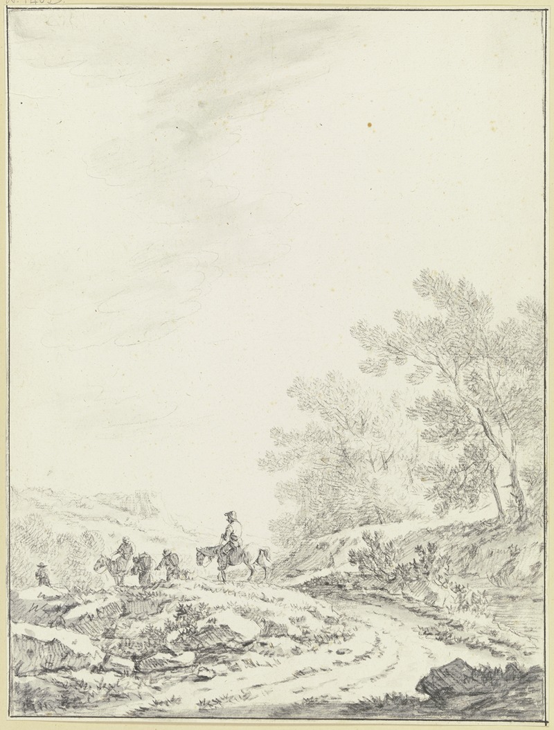 Johann Christoph Dietzsch - Breiter Weg mit Ausblick in eine offene Landschaft, rechts Buschwerk, links auf dem Weg zwei Reiter und drei Fußgänger