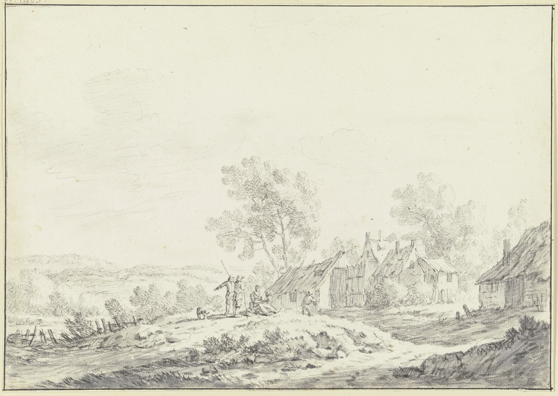 Johann Christoph Dietzsch - Häuser eines Dorfes in einer hügeligen Landschaft, von links führt ein Weg mit einer Gruppe von Personen über eine Anhöhe zu den Häusern