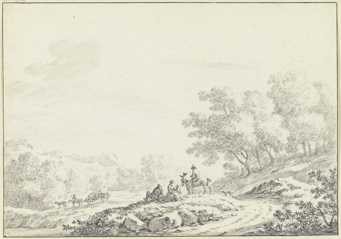 Johann Christoph Dietzsch - Hügelige bewaldete Landschaft, im Vordergrund neben einem Weg eine Gruppe von ruhenden Landleuten mit einem Reiter und einem Hund, im Mittelgrund ein bespannter Heuwagen.