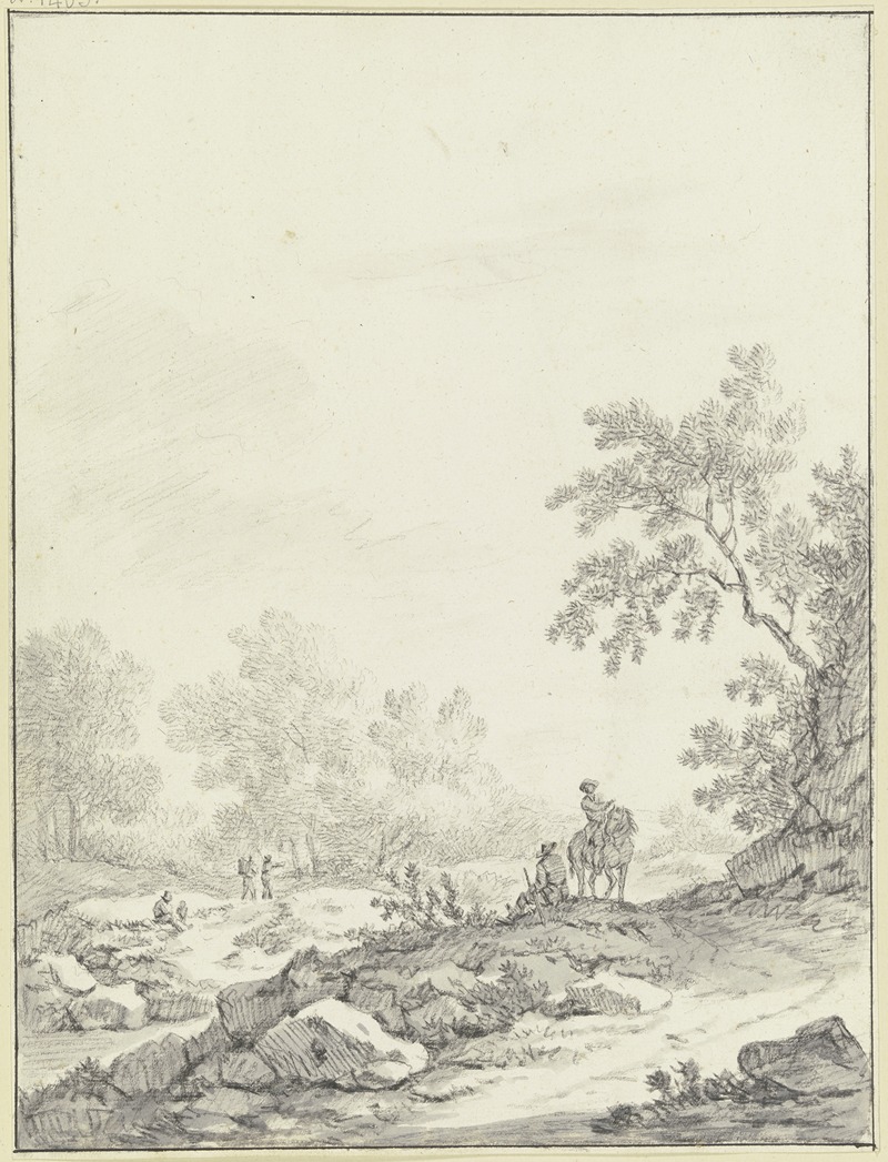 Johann Christoph Dietzsch - Hügeliges Gelände mit Bäumen und Gestein, im Vordergrund ein Reiter und ein sitzender Mann, links drei weitere Figuren