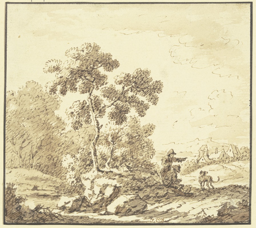 Johann Christoph Dietzsch - Waldrand, rechts Ausblick auf ein Dorf, am Weg ein stehender und ein sitzender Mann mit einem Hund