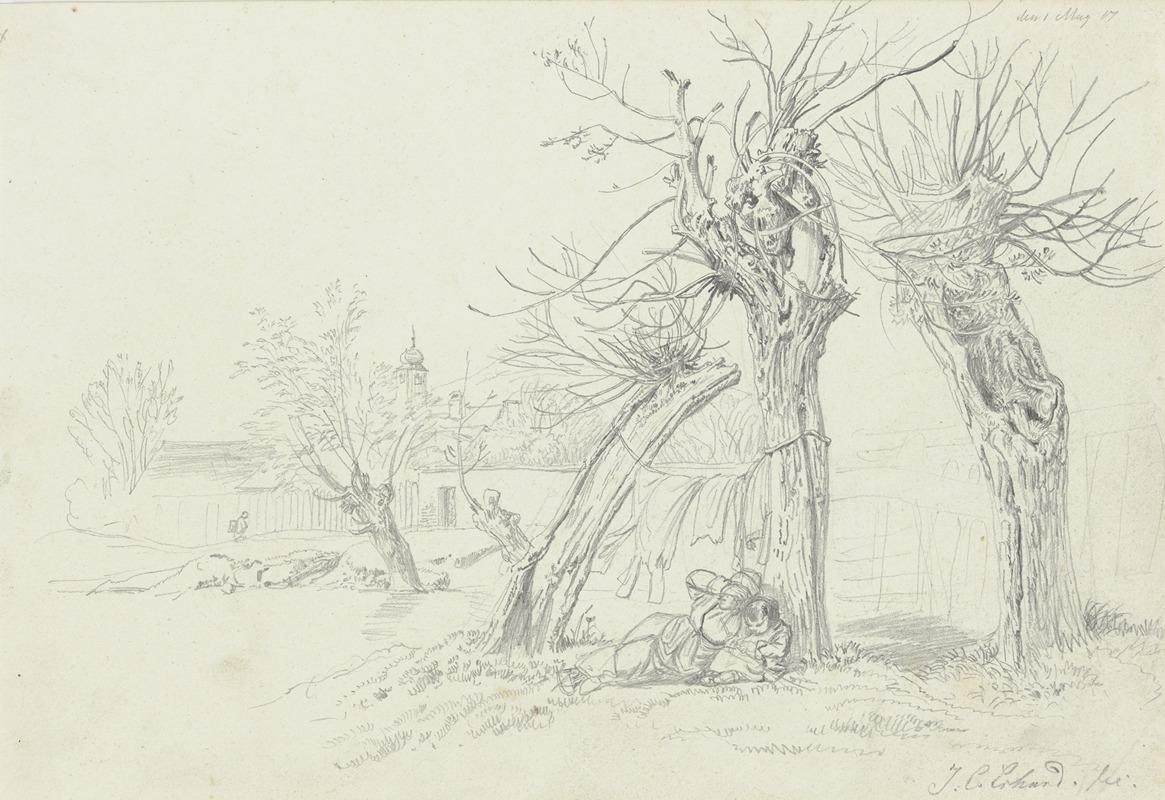 Johann Christoph Erhard - Unter Weidenbäumen wird Wäsche getrocknet, darunter liegt eine Frau mit Kinde, hinten ein Dorf