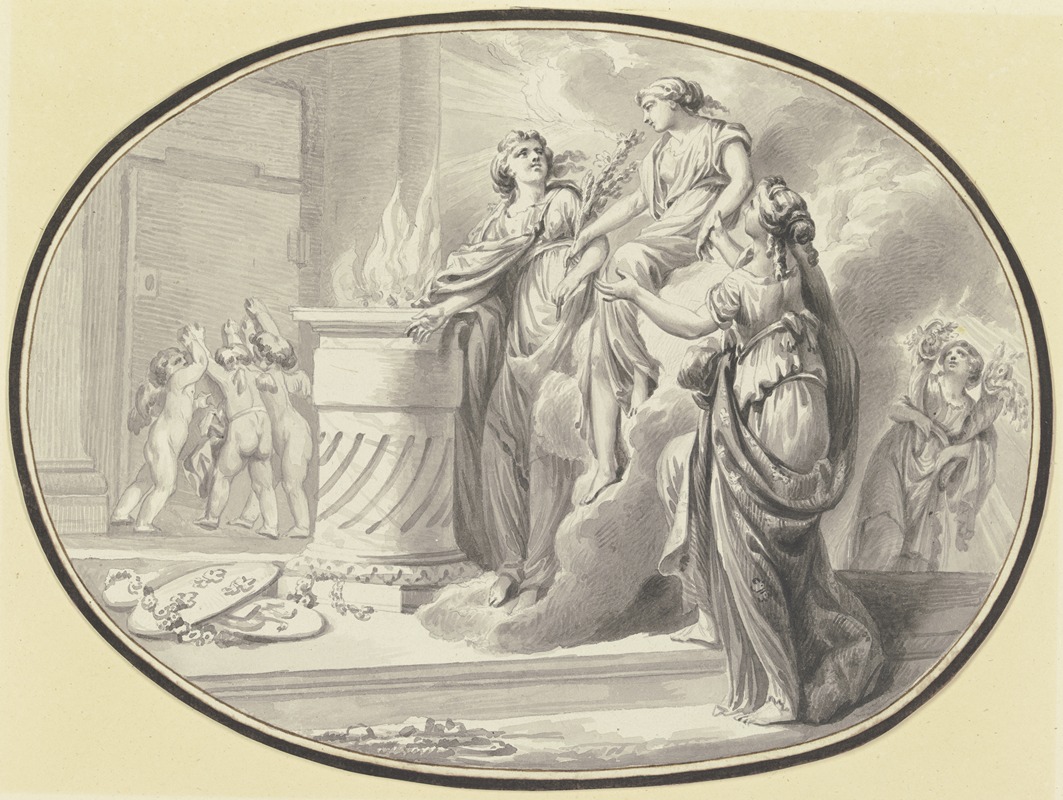 Johann Eleazar Schenau - Eine Vestalin zwischen zwei Gefährtinnen vor einem Altar von einer Wolke herabsteigend, im Hintergrund halten drei Amoretten die Tür zum Heiligtum verschlossen