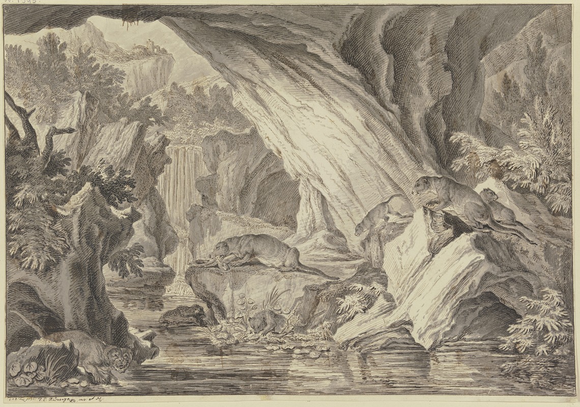 Johann Elias Ridinger - Sechs Fischotter in einer Felsenhöhle am Wasser