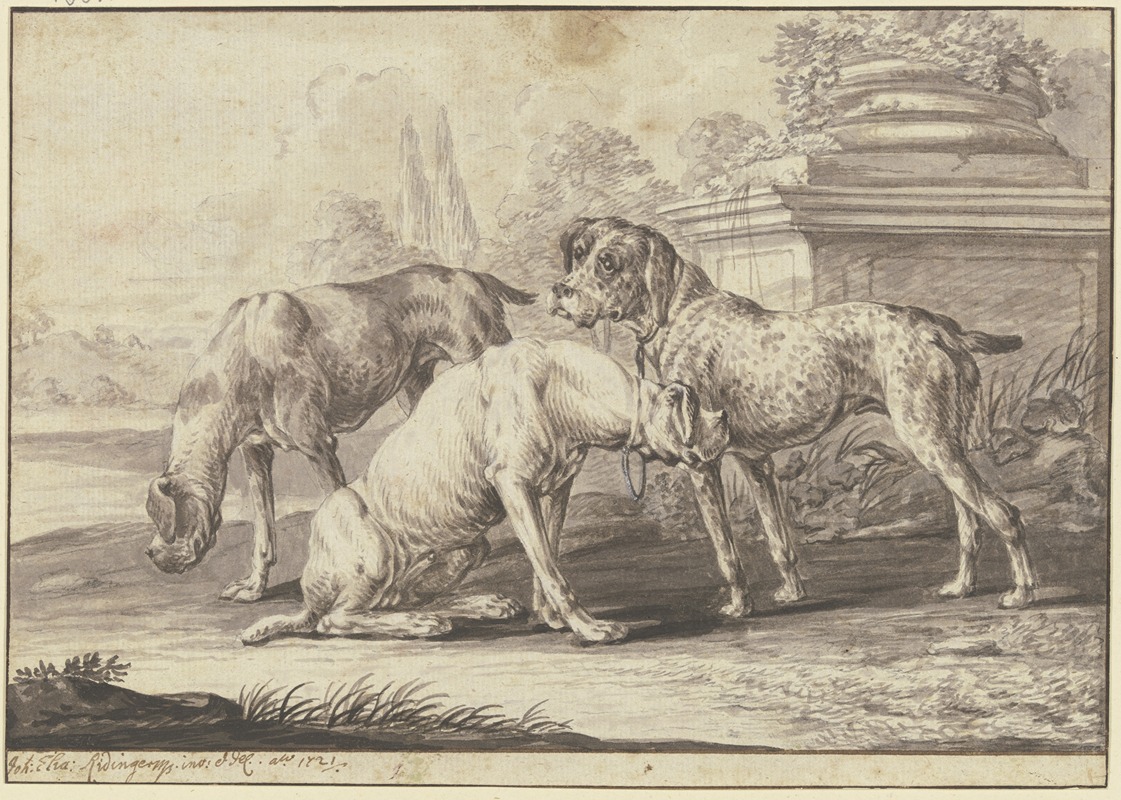 Johann Elias Ridinger - Three hunting dogs