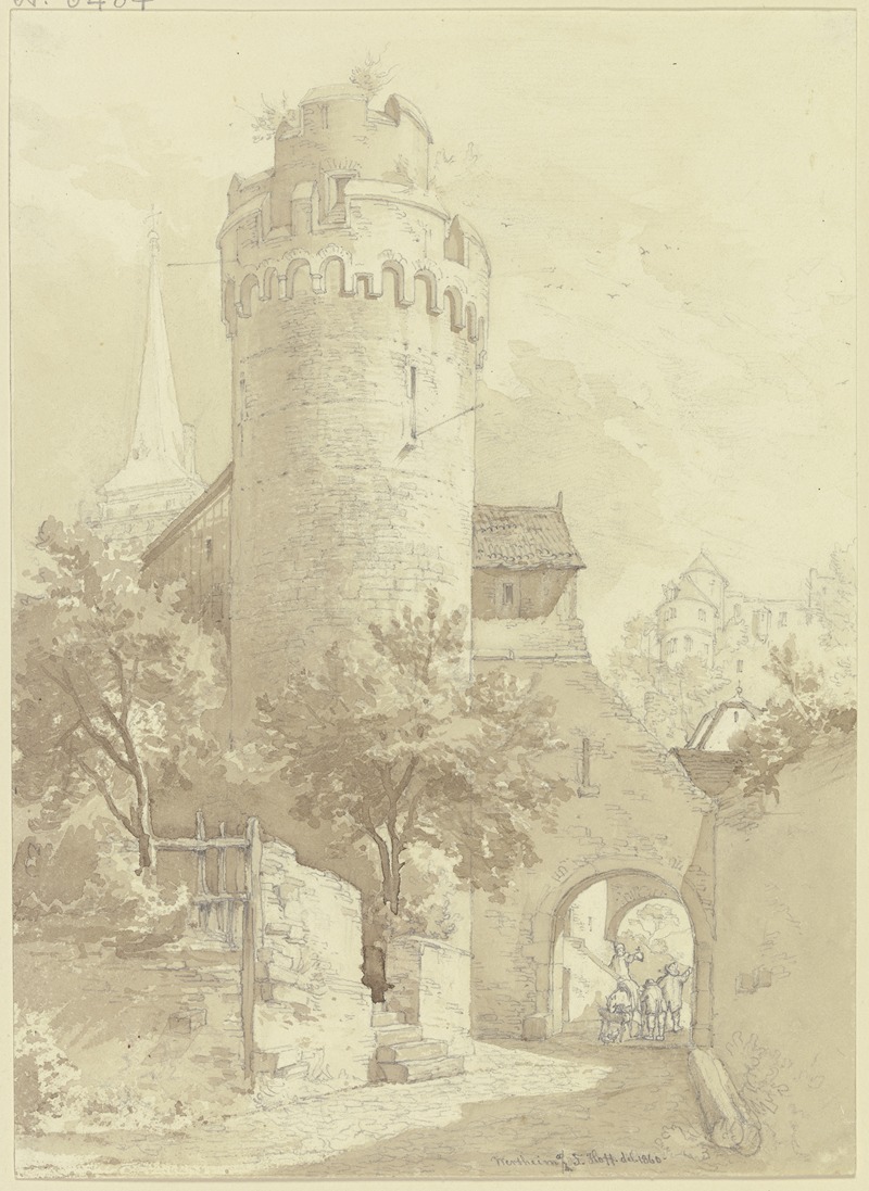 Johann Friedrich Hoff - Roter Turm mit Faultor in Wertheim, links der Turm der Stiftskirche St. Marien, rechts im Hintergrund die Burg Wertheim