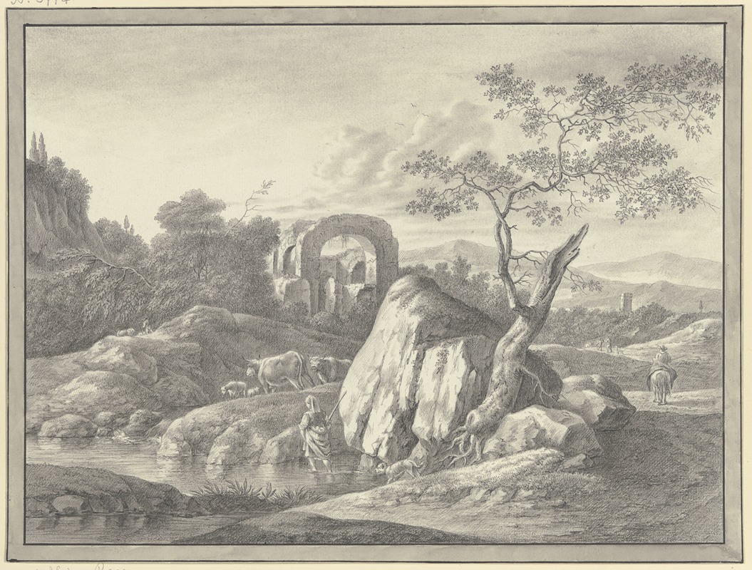 Johann Friedrich Morgenstern - Ruinenlandschaft bei einem großen Felsen