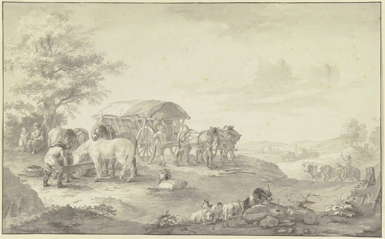 Johann Georg Pforr - Ein mit Säcken beladener Lastwagen auf dem Feld unter einem Baum