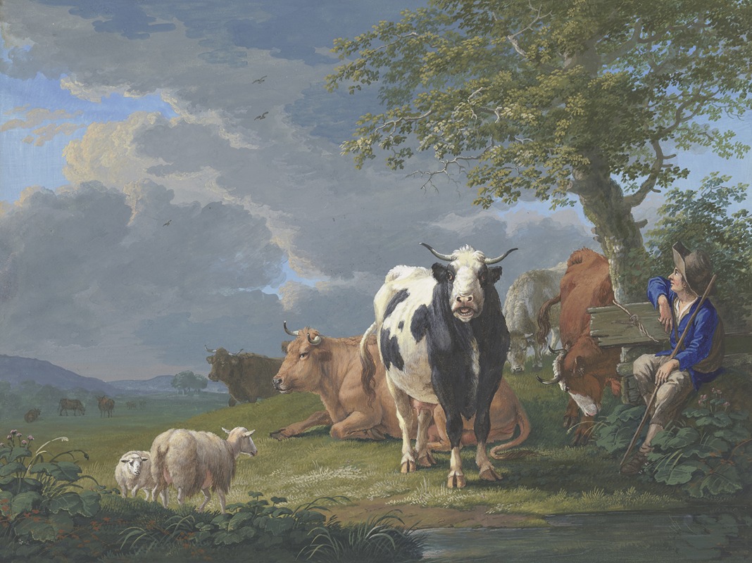 Johann Georg Pforr - Hirte unter einem Baum mit seiner Rinderherde und zwei Schafen