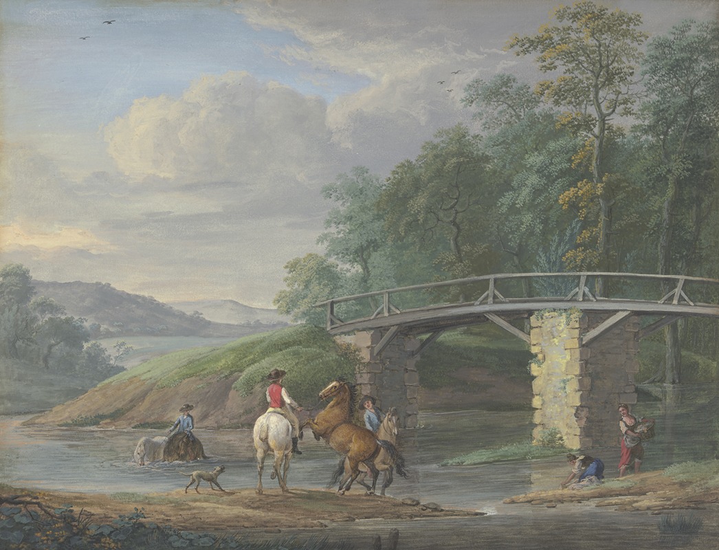 Johann Georg Pforr - Pferde in der Schwemme bei einer Brücke, rechts zwei Wäscherinnen