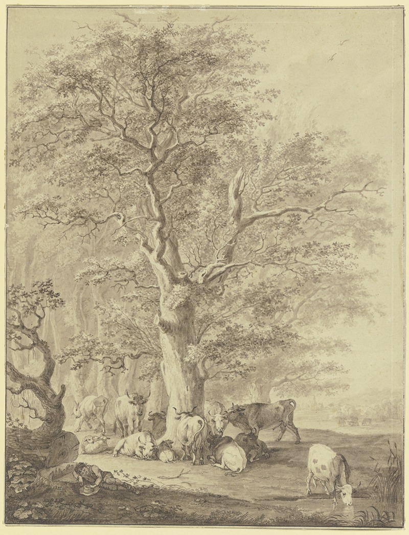 Johann Georg Pforr - Rinderherde mit zwei Schafen und dem Hirten unter einer Eiche rastend