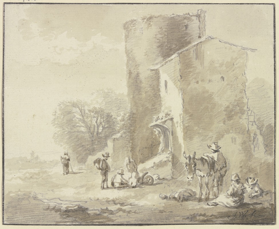 Johann Georg Wagner - Haus an einem verfallenen Turm und Gruppen von rastenden Figuren