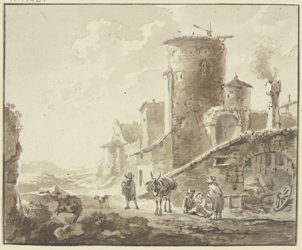 Johann Georg Wagner - Häusergruppe mit rundem Turm und Torbogen, davor Rastende und ein Maultier