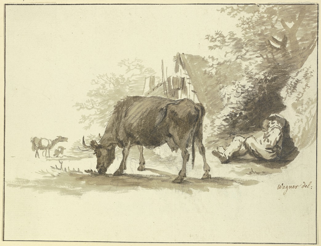 Johann Georg Wagner - Ruhender Hirt mit einer Kuh vor einem Haus