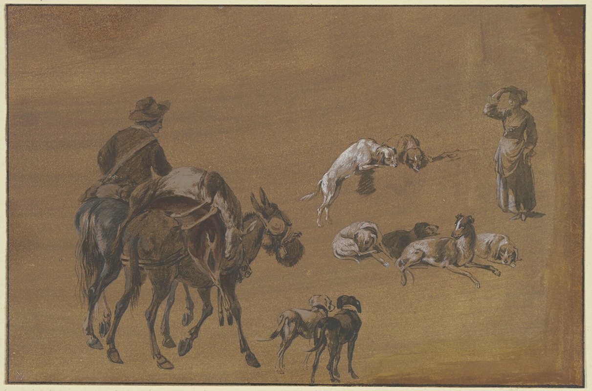 Johann Georg Wagner - Studienblatt; Ein Reiter mit einem bepackten Maultier, rechts eine stehende Frau, dazwischen Gruppen von Hunden