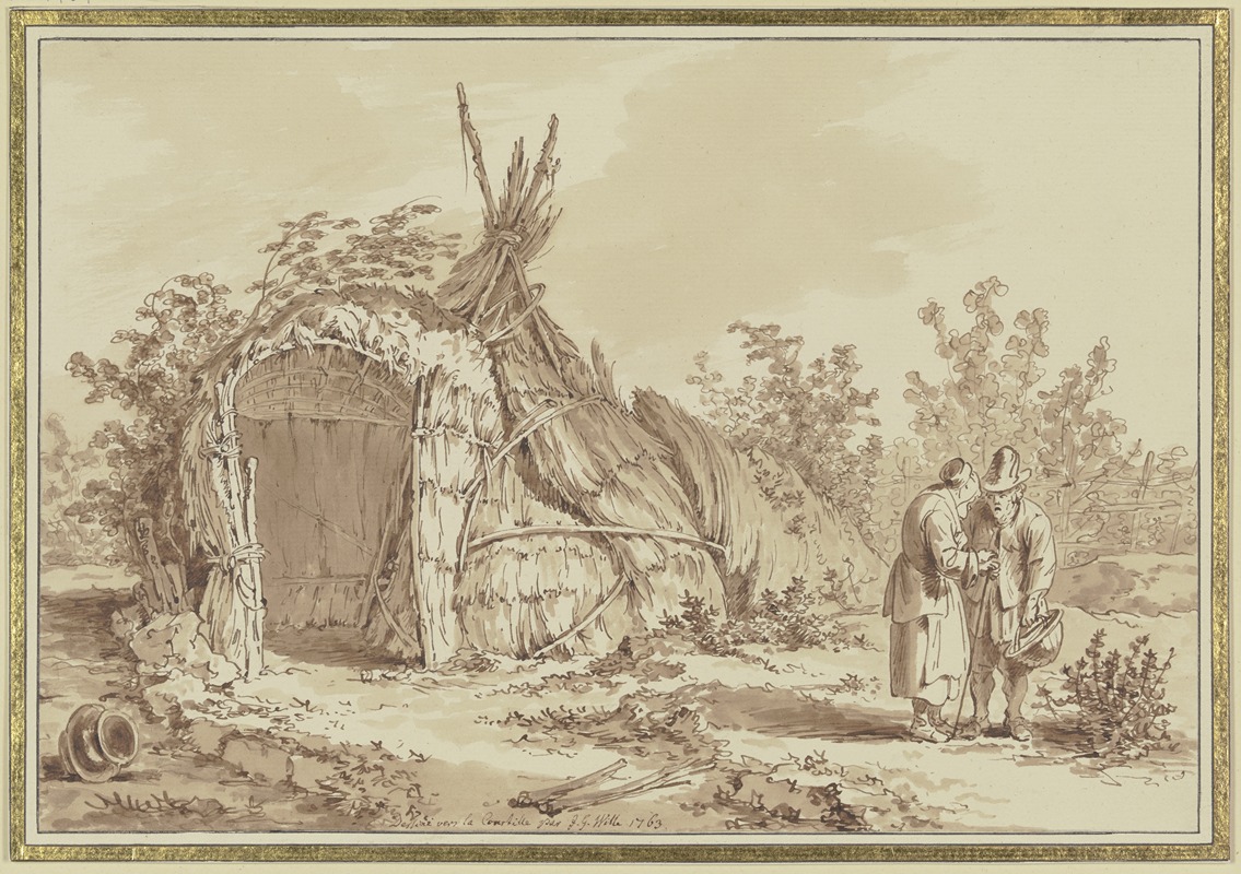 Johann Georg Wille - Old couple in front of straw hut