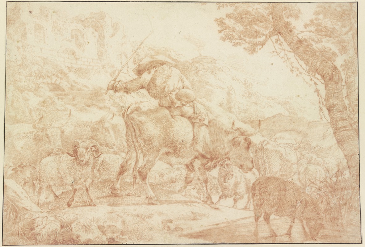 Johann Heinrich Roos - Ein auf einem Ochsen reitender Hirte treibt seine Herde heimwärts