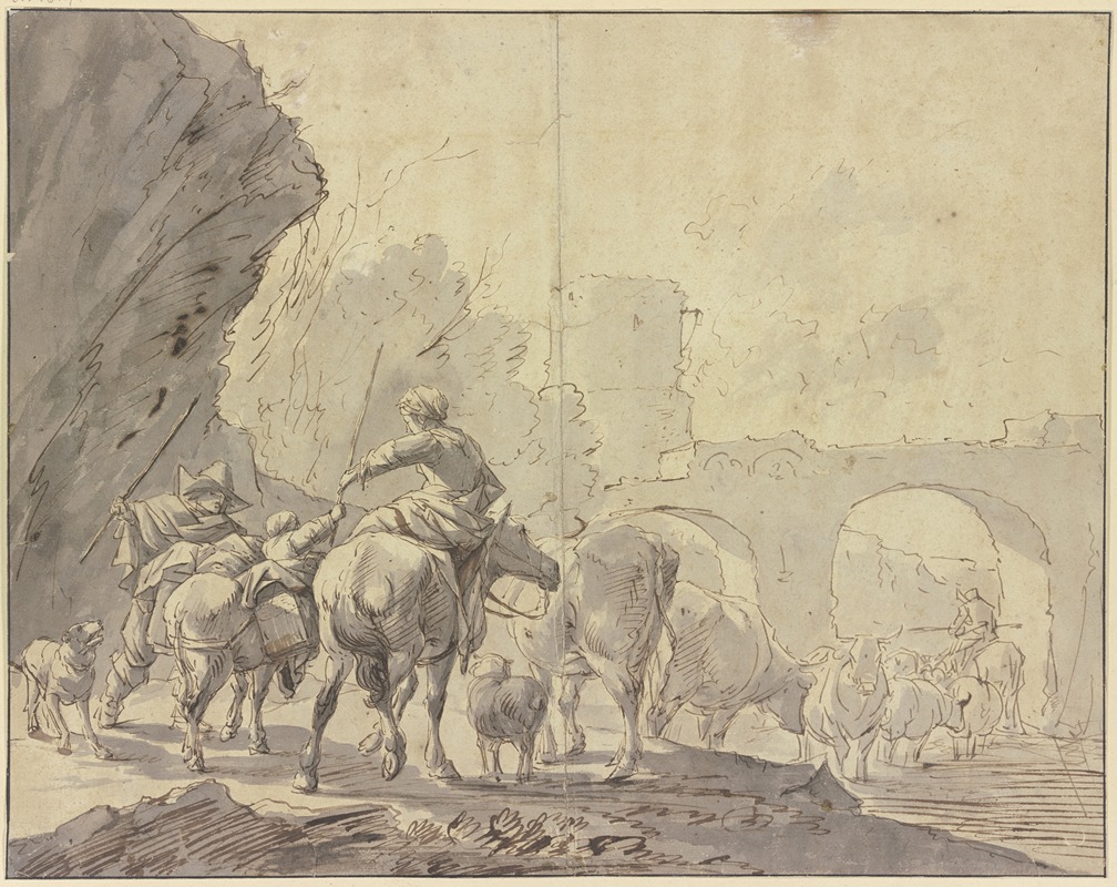 Johann Heinrich Roos - Eine Herde zieht durch Wasser unter einem Brückenbogen durch, gefolgt von einer Hirtin zu Pferde, einem Kinde zu Esel und dem Hirten zu Fuß