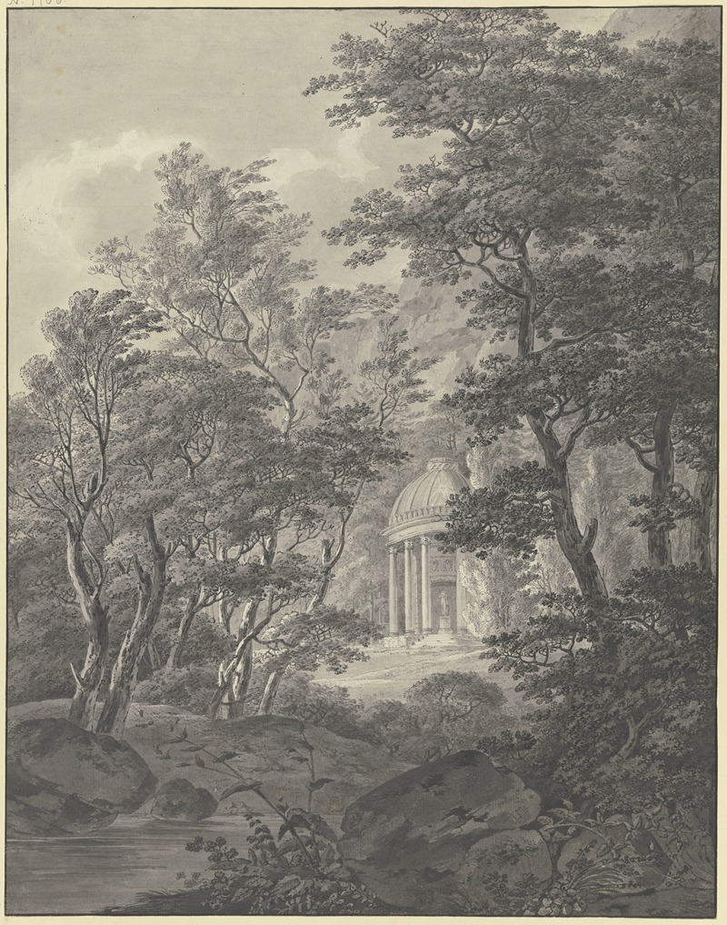 Johann Heinrich Troll - Blick durch die Bäume eines Parks auf ein klassizistisches Tempelchen