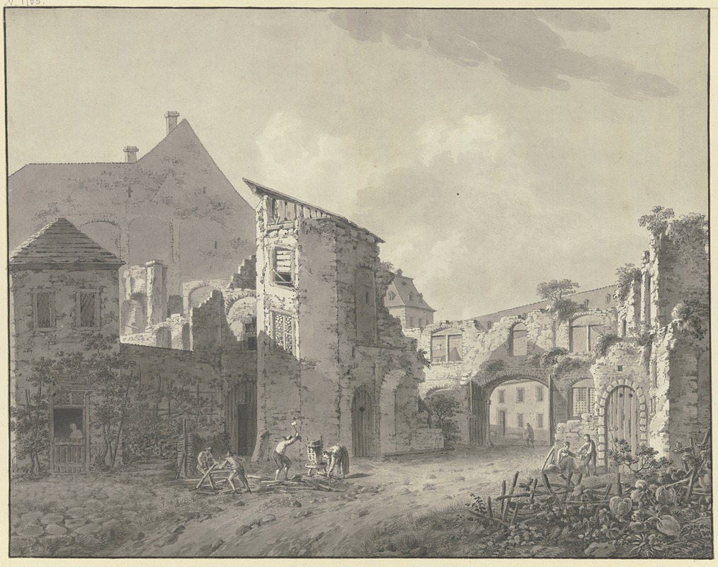 Johann Heinrich Troll - Wohnbauten zwischen Ruinen, vorne vier Figuren beim Zersägen und Hacken von Holz