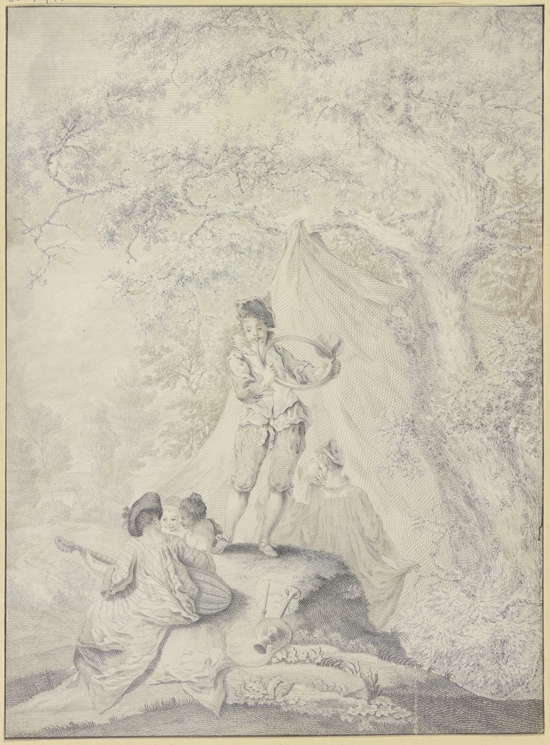 Johann Jacob Ebersbach - Ruhendes Paar unter einem Zelt an einem Eichenbaum, links eine Lautenspielerin mit zwei jungen Frauen (Der Sommer)