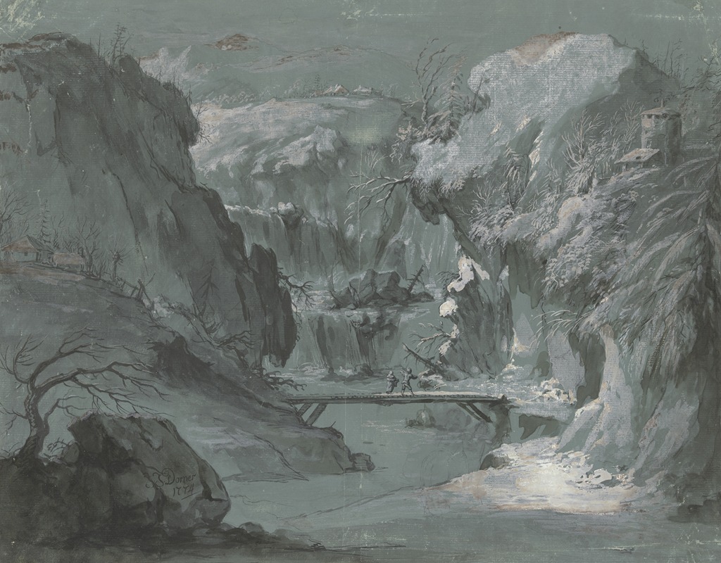 Johann Jakob Dorner the Elder - Tiefe Gebirgsschlucht mit einem Wasserfall, in der Mitte ein Steg, über den zwei Personen gehen