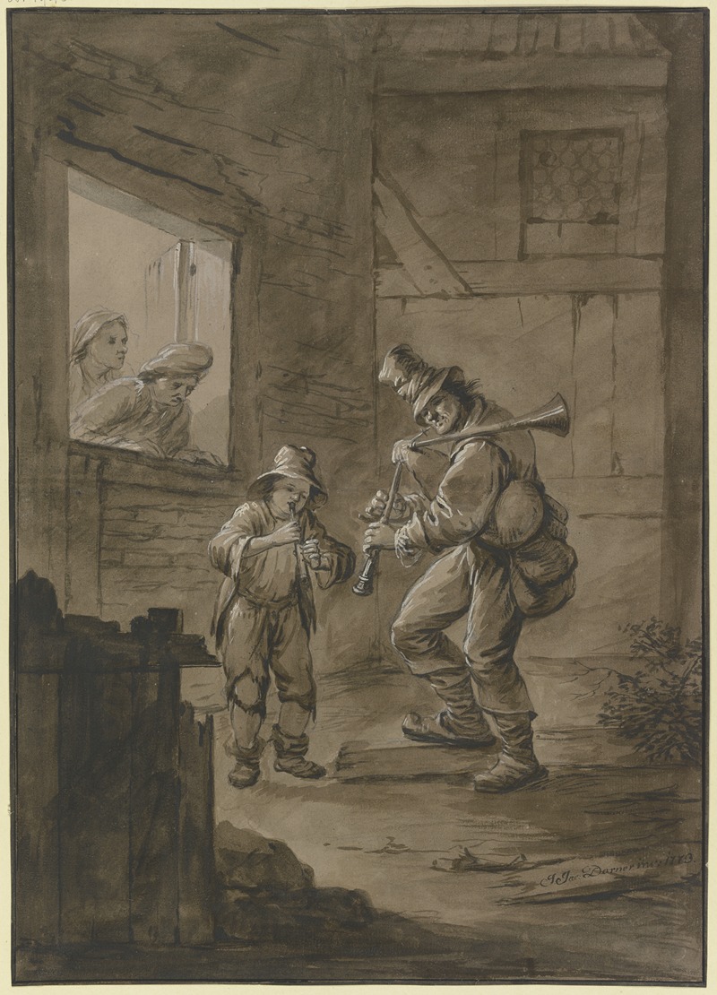 Johann Jakob Dorner the Elder - Vor einem Haus stehen ein Dudelsackpfeifer und ein flötender Knabe