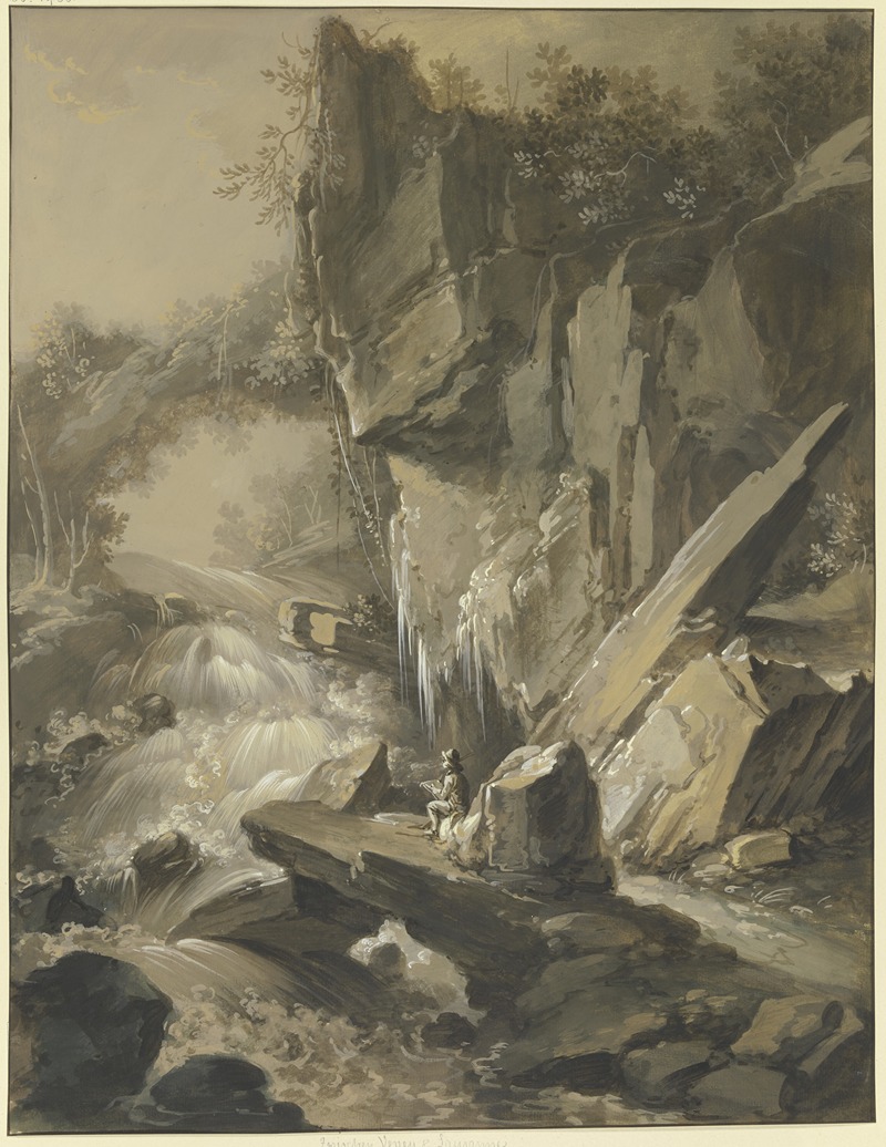 Johann Jakob Schillinger - Wasserfall, im Vordergrund ein Maler