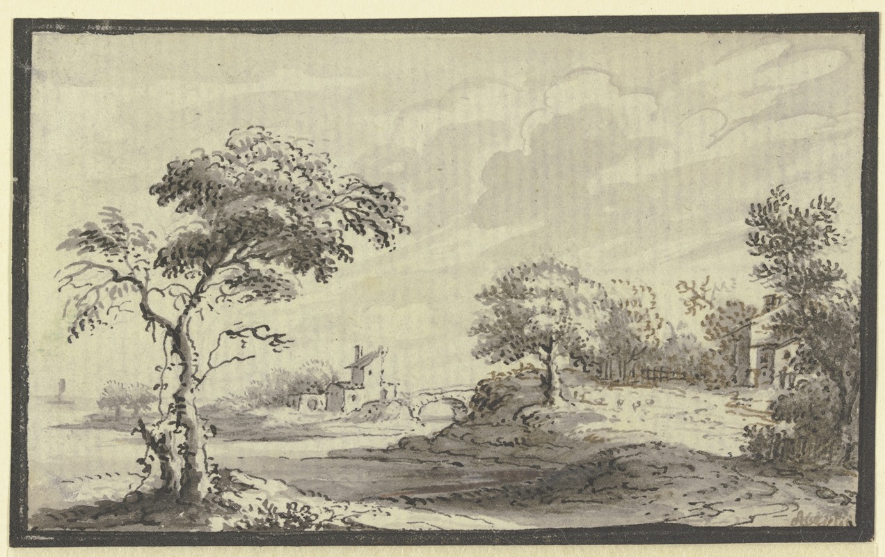 Johann Ludwig Aberli - Hügelige Landschaft mit Fluß, Bäumen und Häusern