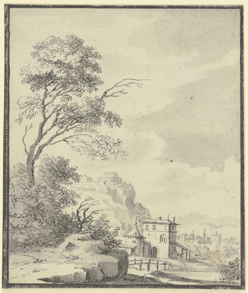 Johann Ludwig Aberli - Landschaft mit einem Haus mit Turm