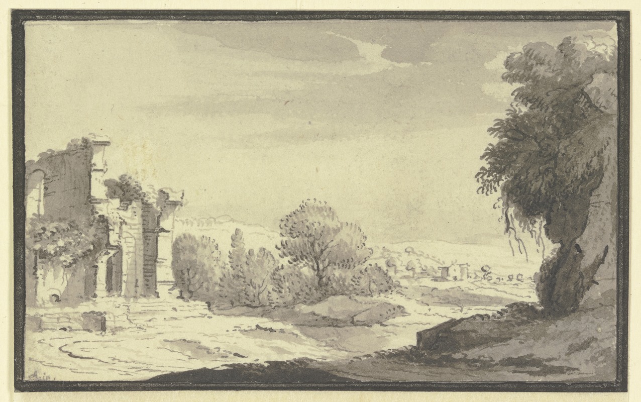 Johann Ludwig Aberli - Landschaft mit einer Ruine links im Vordergrund